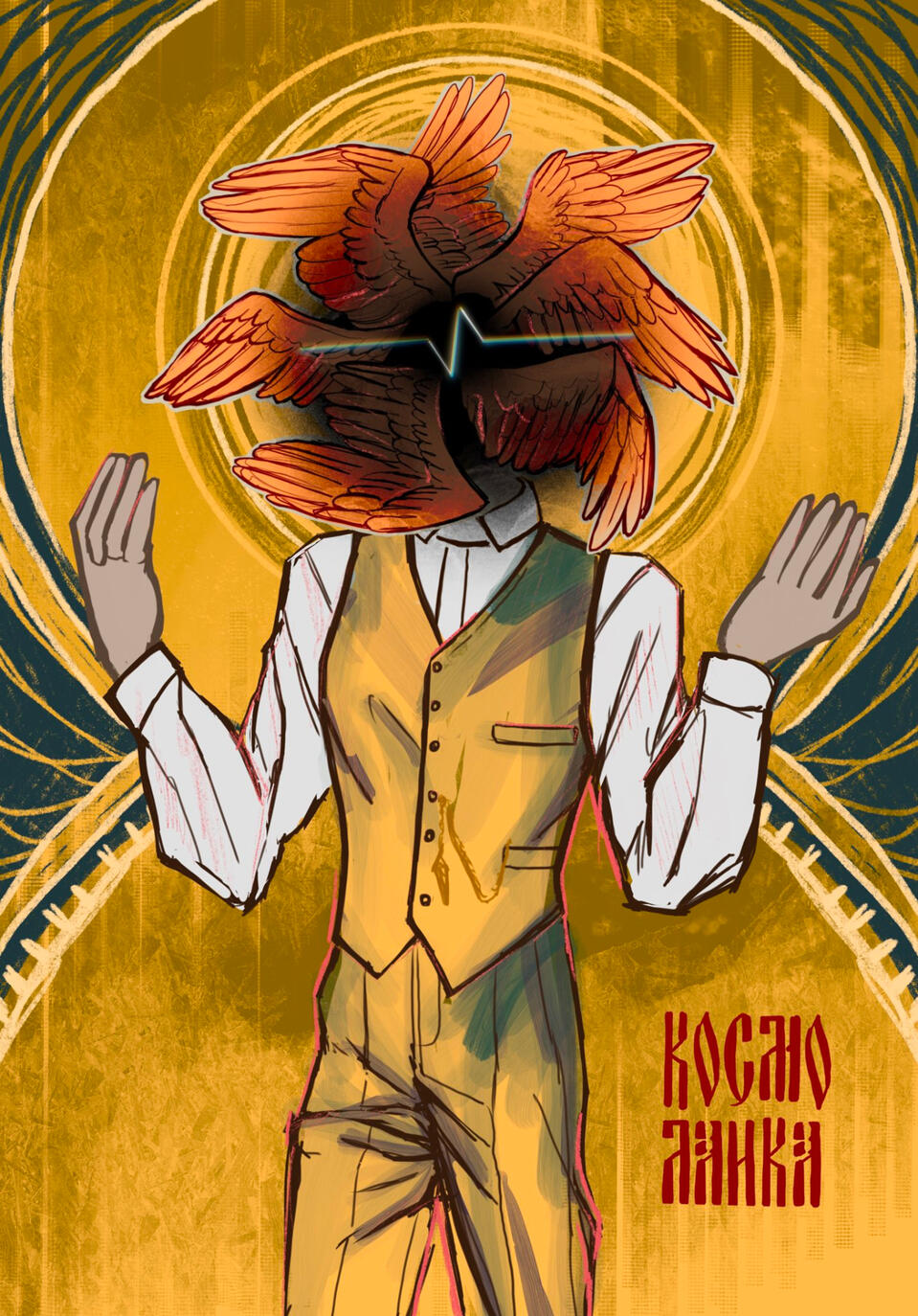 object head made of wings he wears an old timey suit